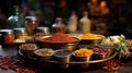 A lot of aromatic fragrant spices in containers on a wooden table. Cooking theme Royalty Free Stock Photo