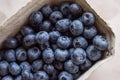 Beautiful juicy fresh summer blueberries in a brown cardboard box on a light background