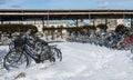 Bicycle parking in winter, Japan has a lot of bicycles. Royalty Free Stock Photo