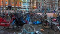 a lot of bicycles on the street of the city of Amsterdam, Holland