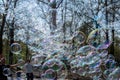 A lot of big soap bubbles that a person lets in a park, on a street in Berlin, near the Reichstag