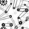 A lot of black different silhouettes of cogwheels connected by bicycle chains, ancient steampunk mechanism seamless