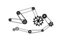 A lot of black different silhouettes of cogwheels connected by bicycle chains, ancient steampunk mechanism on white