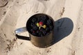 Lot blackberries in metal mug slay on sand. Tourism, camping, travel