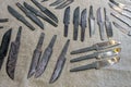 A lot of blades made of damaskus steel. Damask steel.