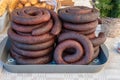 A lot of blood sausage, top view. Background from homemade sausage. Homemakers' Market Royalty Free Stock Photo