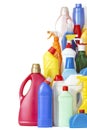 A lot of bottles with chemicals for cleaning. Different plastic bottles in the form of mountain. Royalty Free Stock Photo