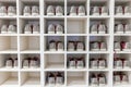 A lot Bowling shoes on shelf in bowling center Royalty Free Stock Photo