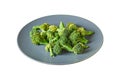 Lot of branches of fresh green broccoli on round gray plate isolated on white background without shadow Royalty Free Stock Photo