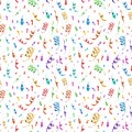 A lot of bright colorful confetti and serpentine on white background, anniversary party seamless pattern Royalty Free Stock Photo