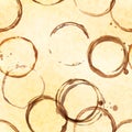 Lot of brown round shaped coffee cup stains on old vintage paper, seamless pattern