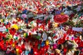 A lot of of candles, toys and flowers on Las Ramblas street in memory of victims of terrorists attack in Barcelona 2017