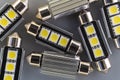 Lot of Car light bulbs emitting diode, accessories and components for electronics vehicles. Modern technologies and low energy Royalty Free Stock Photo