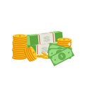 A lot of cash. Much money. Green banknote and coins Royalty Free Stock Photo