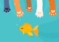 A lot of cat paws catch, fishing gold fish under water background. Fun cartoon vector illustration