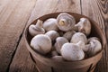 A lot of champignons in a wicker basket on background Royalty Free Stock Photo