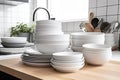 A lot of clean washed dishes in a bright kitchen. Generative AI