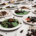 A lot of cockroach insects on dirty plates with leftover food,