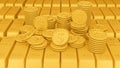 A Lot of coins on Gold bars 1 Kilograms. 3d rendering - illustration