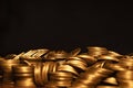 Concept photo.Coins close-up on the table. A lot of coins, selective focus.Front view of stacks of Euro coins.Simple and