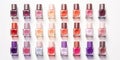 A lot of colorful bottles with nail polish lie on white background top view close up.Row of nail polishes for manicure Royalty Free Stock Photo