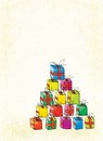 Lot of colorful boxes with gifts. Stylization of children`s drawings