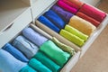A lot of colorful clothes are neatly arranged in a wardrobe drawer. The concept of storage.