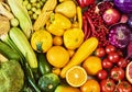 Colorful fruits and vegetables background. Rainbow collection Royalty Free Stock Photo