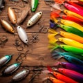 Lot of multicolored fishing lures on a wooden background. AI generative illustration