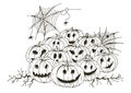 A lot of creepy and lovely pumpkins for Halloween. Funny faces. Autumn holidays. Fashion is Vector Illustration