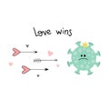 A lot of cupid of arrows fly to coronavirus. Quot Love wins everything, Covid 19, pandemic. Concept vector illustration