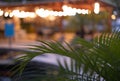 A lot of decorative vintage garland light bulbs in front of a pub restaurant terrace, blurred focus, romantic setting on Royalty Free Stock Photo