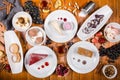 A lot of dessert on the wooden table. Georgian cuisine. Top view. Flat lay . Khinkali and Georgian dishes Royalty Free Stock Photo