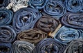 Lot of different blue jeans close-up Royalty Free Stock Photo