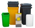 Many different colorful garbage bin containers isolated