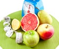 A lot of different fruits and scale Royalty Free Stock Photo