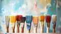 A lot dirty artist paint brushes in a bucket. Different artist brushes, close-up view. Neural network AI generated Royalty Free Stock Photo