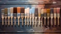 A lot dirty artist paint brushes in a bucket. Different artist brushes, close-up view. Neural network AI generated Royalty Free Stock Photo