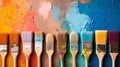 A lot dirty artist paint brushes in a bucket. Different artist brushes, close-up view. Neural network AI generated Royalty Free Stock Photo