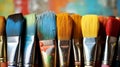 A lot dirty artist paint brushes in a bucket. Different artist brushes, close-up view. Neural network AI generated Royalty Free Stock Photo