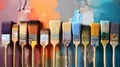 A lot dirty artist paint brushes in a bucket. Different artist brushes, close-up view. Neural network AI generated Royalty Free Stock Photo