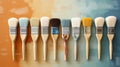 A lot dirty artist paint brushes in a bucket. Different artist brushes, close-up view. Neural network AI generated Royalty Free Stock Photo