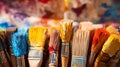 A lot dirty artist paint brushes in a bucket. Different artist brushes, close-up view. Neural network AI generated Royalty Free Stock Photo