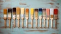 A lot dirty artist paint brushes in a bucket. Different artist brushes, close-up view. Neural network AI generated Royalty Free Stock Photo