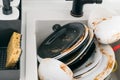 a lot of dirty dishes in the kitchen sink  top view  close-up Royalty Free Stock Photo