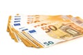 a lot of euro banknotes on white. 50 euros on the table. Money background. Close-up Royalty Free Stock Photo