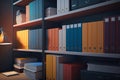 A lot of files folder store in the office shelf: papers, documents and catalogs. Generative AI. Royalty Free Stock Photo