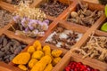 Lot of flavourings, species and condiments in the wooden box