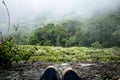 A lot of fog on the mountain trail of \