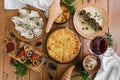 A lot of food on the wooden table. Georgian cuisine. Top view. Flat lay . Khinkali and Georgian dishes Royalty Free Stock Photo